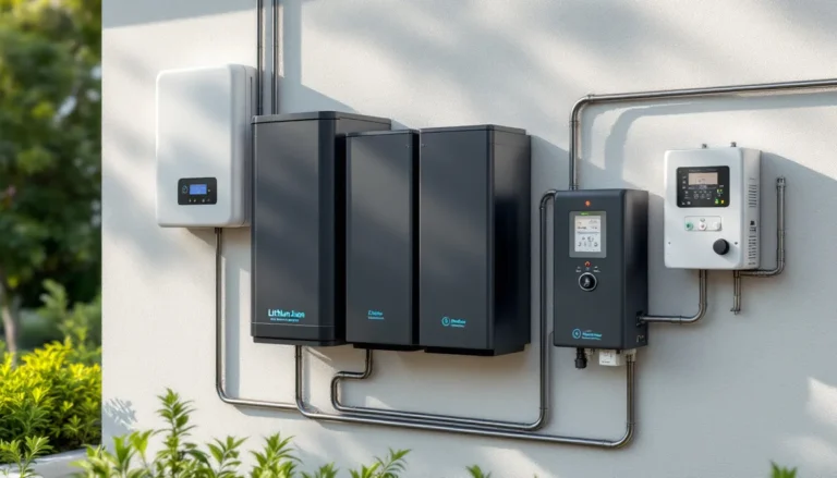 Home energy storage system with lithium-ion battery packs installed on a wall next to an inverter and control panel, showing integration with a solar system